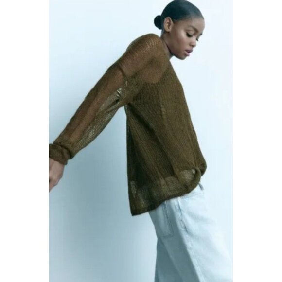 ZARA Distressed Knit Sweater Women’s Sze L Olive GreenLoose Open Weave Wool Boho - Picture 14 of 15